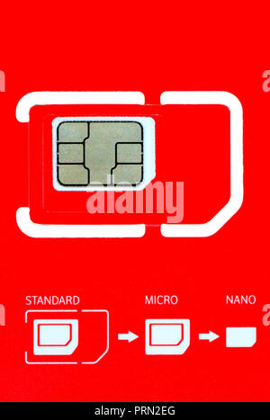 Carte Sim téléphone montrant différentes tailles - standard, micro et nano Banque D'Images