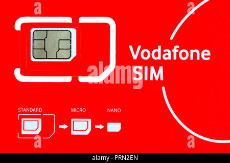 Carte SIM Vodafone Téléphone montrant différentes tailles - standard, micro et nano Banque D'Images