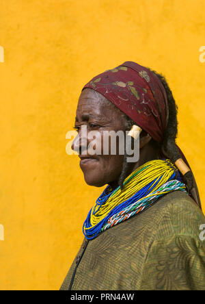 Mumuhuila tribu woman portrait habillé en vêtements de l'ouest, la province de Huila, Chibia, Angola Banque D'Images