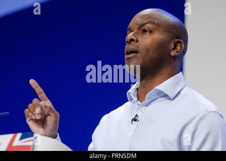 Shaun Bailey au congrès du parti conservateur le mercredi 3 octobre 2018 tenue à ICC Birmingham Birmingham , . Sur la photo : Shaun Bailey est un homme politique britannique et délégué à la jeunesse, qui est le candidat du Parti conservateur pour l'élection du maire de Londres en 2020. Photo par Julie Edwards. Banque D'Images