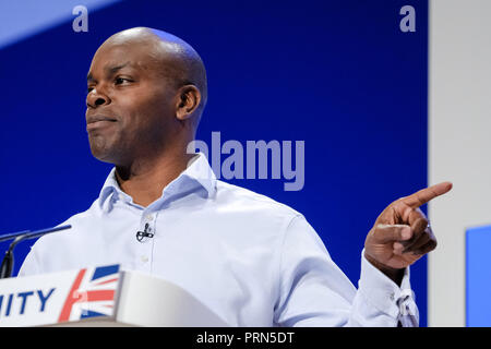 Shaun Bailey au congrès du parti conservateur le mercredi 3 octobre 2018 tenue à ICC Birmingham Birmingham , . Sur la photo : Shaun Bailey est un homme politique britannique et délégué à la jeunesse, qui est le candidat du Parti conservateur pour l'élection du maire de Londres en 2020. Photo par Julie Edwards. Banque D'Images