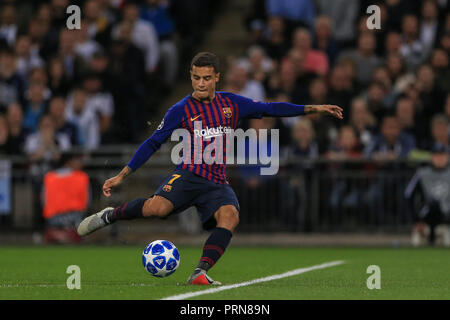 Londres, Royaume-Uni. 3 octobre 2018, au stade de Wembley, Londres (Angleterre), Ligue des Champions, Tottenham v Barcelone ; Philippe Coutinho (07) de Barcelone les notes pour le rendre 0-1 Crédit : Mark Cosgrove/News Images Banque D'Images