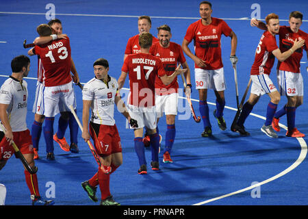 Londres, Royaume-Uni. 3 octobre, 2018. Sam Ward de Grande-bretagne célèbre marquant son 1er but en tant que GO a battu la Belgique 2-1 pour célébrer le 30e anniversaire de l'Hockey olympique 1988 Médaille d'or. Credit : Nigel Bramley/Alamy Live News Banque D'Images