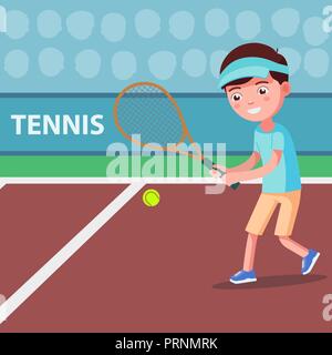 Vector cartoon Garçon jouant au tennis sur la cour