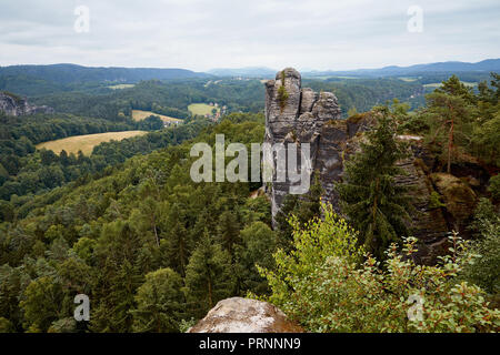 Vue aérienne de vieilles pierres et d'arbres en forêt en Bastei, Allemagne Banque D'Images