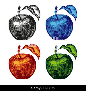 Apple dessin couleurs différentes avec feuille verte - croquis Banque D'Images