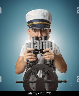 Caricature de capitaine marin drôles à regarder et holding binoculars Banque D'Images