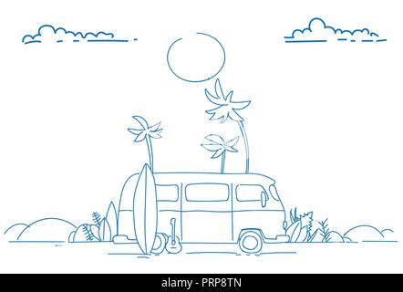 Bus surf tropical Beach Sunset surf retro vintage locations Carte de souhaits poster horizontal doodle croquis dessinés à la main Illustration de Vecteur