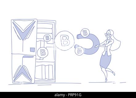 Businesswoman holding Aimant tirant succès virtuel concept bitcoin minière monnaie crypto horizontale doodle croquis Illustration de Vecteur