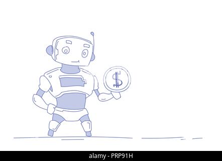 Robot moderne holding pièce d'un dollar de l'argent de la croissance de la richesse du concept d'intelligence artificielle fond blanc isolé doodle croquis horizontale Illustration de Vecteur