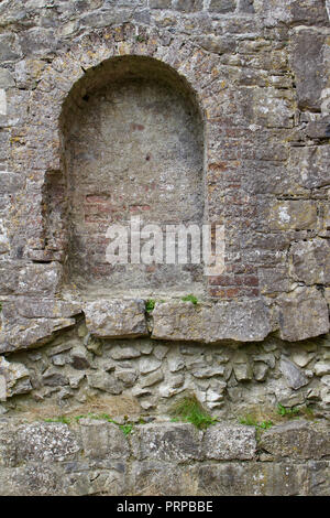 Vue d'un murée dans la fenêtre en pierre voûtée dans un château médiéval en ruine de l'Irlande (Rocher de Dunamase) Banque D'Images