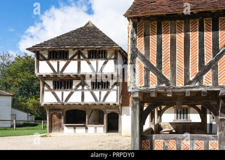 Bâtiments à pans de bois, Place du marché, le Weald & Downland Musée Vivant, Town Lane, Singleton, West Sussex, Angleterre, Royaume-Uni Banque D'Images