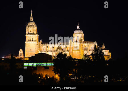 Vue de la nuit de Salamanque cathédrales anciennes et nouvelles, illuminé de la rivière Tormes. Communauté de Castille et LeÃ³n, Espagne. Déclarée Patrimoine Mondial de l'UNESCO Banque D'Images