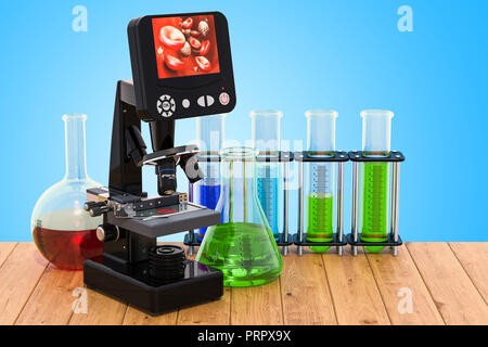 Digital microscope moderne avec des flacons de produits chimiques sur la table en bois. Le rendu 3D Banque D'Images