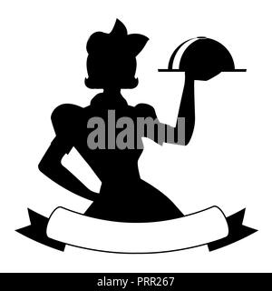 Silhouette de style années 50, que la serveuse portant un plateau avec de la nourriture. Blank bannière inférieure pour placer du texte. Bon pour logo Illustration de Vecteur