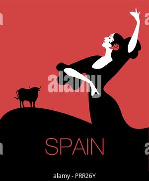 Danseuse de flamenco espagnol et bull dans l'arrière-plan Illustration de Vecteur