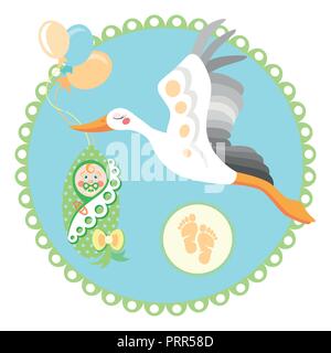 Stork vol avec bébé. Télévision illustration de cigogne en vol avec une icône vecteur bundle pour le web sur fond bleu bébé Illustration de Vecteur