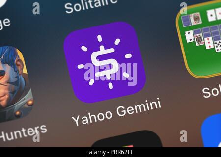 Londres, Royaume-Uni - Octobre 03, 2018 : Capture d'application mobile de yahoo Yahoo Gemini. Banque D'Images