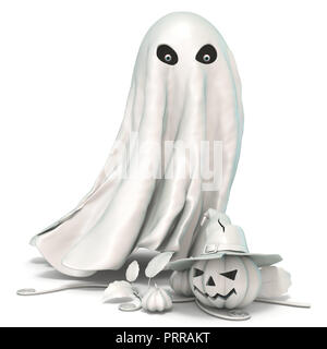 Ghost et Jack o Lantern avec chapeau de sorcière le rendu 3D illustration isolé sur fond blanc Banque D'Images