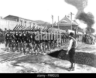 Juin-Juillet 1892 Grève de Homestead. Une gravure montrant les Harpers Bazaar de milice de l'État de Pennsylvanie qui arrivent pour mettre fin à la grève. Banque D'Images