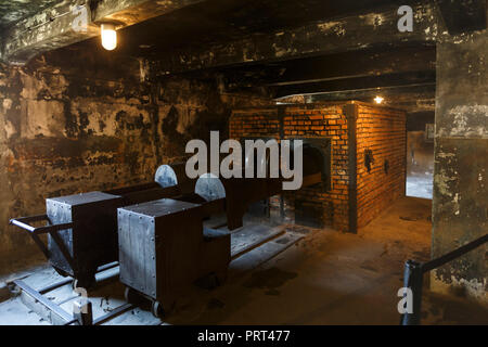 Oswiecim, Pologne - 22 août 2018 : dans l'ancien crématoire allemand nazi de concentration et d'Extermination Camp d'Auschwitz-Birkenau. Banque D'Images