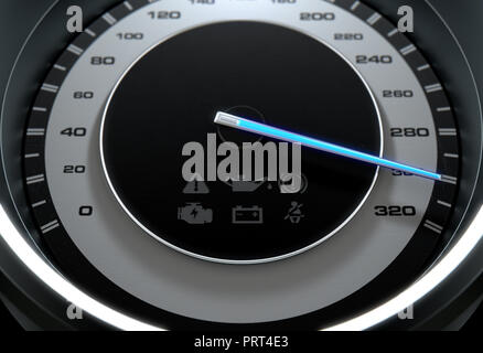 Une sportive avec un compteur bleu aiguille dirigée vers une vitesse élevée sur un fond noir - 3D render Banque D'Images