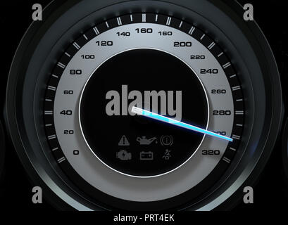 Une sportive avec un compteur bleu aiguille dirigée vers une vitesse élevée sur un fond noir - 3D render Banque D'Images