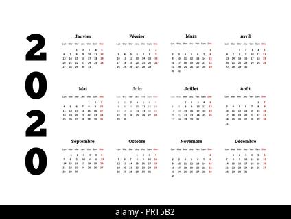 L'année 2020 calendrier simple sur langue française, isolated on white Illustration de Vecteur