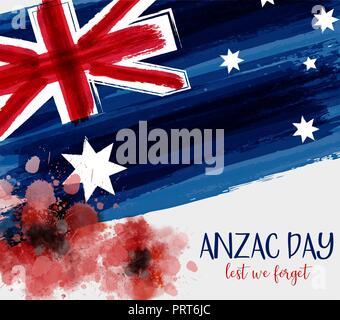Arrière-plan de l'Anzac Day avec aquarelle grunge drapeau de l'Australie et deux fleurs de pavot rouge. Symbole du souvenir. N'oublions jamais. Illustration de Vecteur