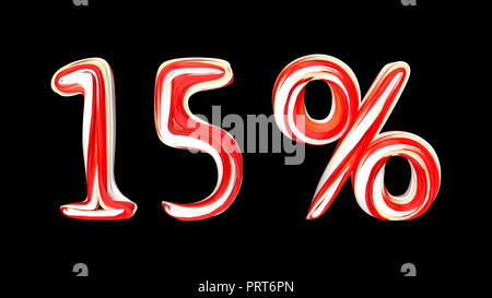 Candy 15  % de texte sur fond noir. Pinceau rouge-blanc texte de 15  % . Illustration 3D render Banque D'Images