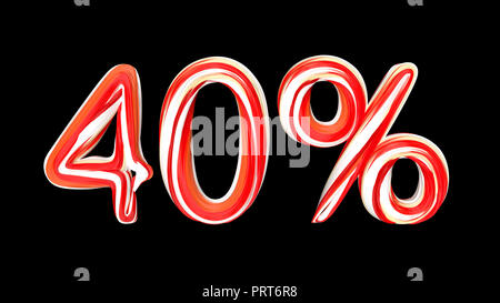 Candy texte 40  % sur fond noir. Pinceau rouge-blanc texte de 40  % . Illustration 3D render Banque D'Images