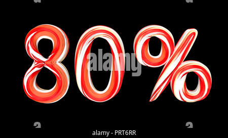 Candy texte 80  % sur fond noir. Pinceau rouge-blanc texte de 80  % . Illustration 3D render Banque D'Images