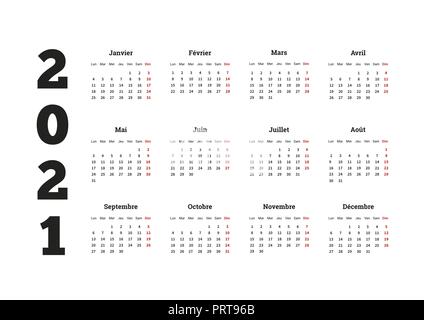 L'année 2021 calendrier simple sur langue française, isolated on white Illustration de Vecteur