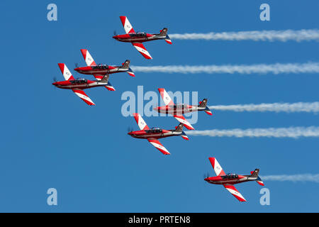 Royal Australian Air Force (RAAF) formation de l'équipe de voltige, des roulettes affichage flying Pilatus P-9A avion. Banque D'Images