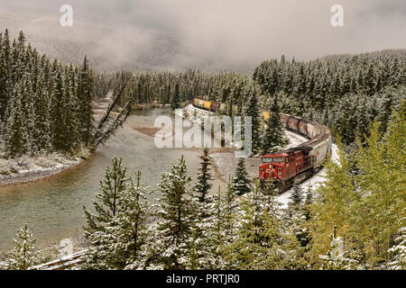 Négociation du train de la Courbe Morant, Bow Valley, parc national Banff Banque D'Images