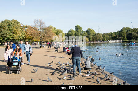 Les gens nourrir les canards et profiter du soleil sur les bords de la Serpentine dans Hyde Park, Londres, UK Banque D'Images