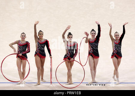 Sofia, Bulgarie - 16 septembre, 2018 : l'équipe au cours de l'Franceperforms 2018 Championnats du monde de gymnastique rythmique. Tournoi de groupe. Banque D'Images