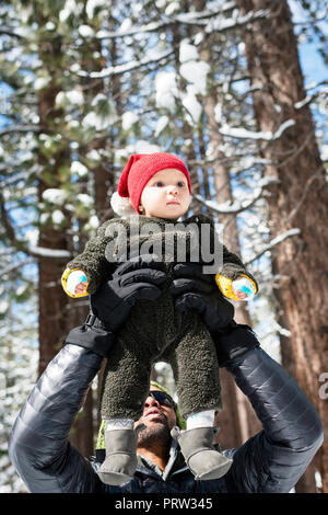 Père holding up baby son hiver en forêt, South Lake Tahoe, California, USA Banque D'Images