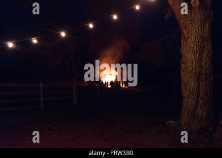 Silhouetté foule regardant bonfire in rural field at night Banque D'Images