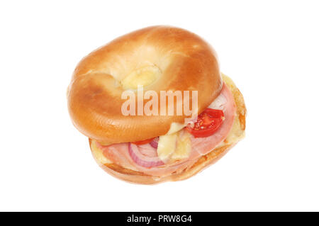 Fromage grillé, oignons, tomates et jambon blanc contre isolés bagel Banque D'Images