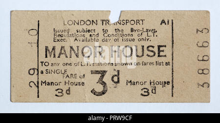 Vintage 1950 Ticket de métro Manor House Station Banque D'Images