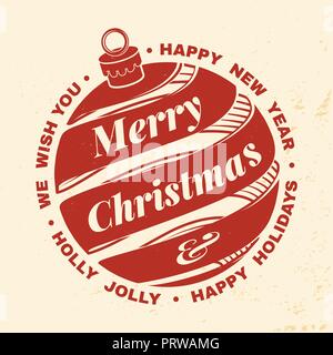 Nous vous souhaitons un très joyeux Noël et Bonne Année stamp, autocollant fixé avec de la cloche de noël. Vector illustration. Vintage design typographique pour Noël, nouvel an dans l'emblème de style rétro. Illustration de Vecteur