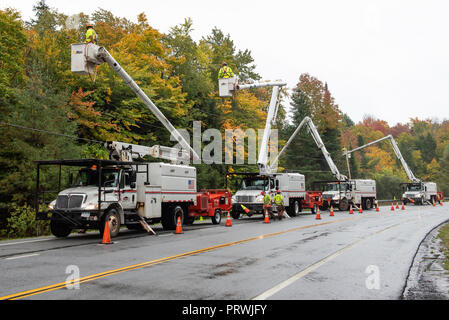 Une flotte de véhicules de service se sont réunis dans la montagnes Adirondacks, NY USA arbres et branches de fraisage à l'écart des lignes électriques. Banque D'Images