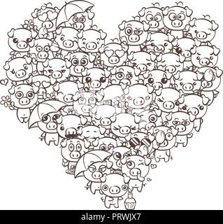 Fond amour avec mignon bébé les porcelets. Image kawaii cartoon pastel de porcs. Dessiner à main levée par vecteur doodle comic art emoji pour colorier l'illustration bo Illustration de Vecteur