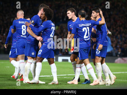 Londres, Royaume-Uni. 4 octobre, 2018. Chelsea's Alvaro Morata célèbre son but au cours de l'UAFA Europa League Group L entre Chelsea et MOL Vidia au stade de Stamford Bridge , , Londres, Angleterre le 04 Oct 2018. Action Crédit : Foto Sport/Alamy Live News Banque D'Images