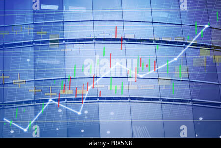 La croissance de l'indice boursier montre le graphique et tableau de l'arrière-plan des immeubles commerciaux Banque D'Images