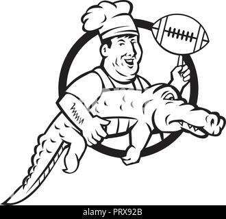 Icône mascotte illustration d'un chef ou cuisinier twirling un ballon de football américain tout en portant un gator ou ensemble d'alligator à l'intérieur du cercle en noir et blanc Illustration de Vecteur