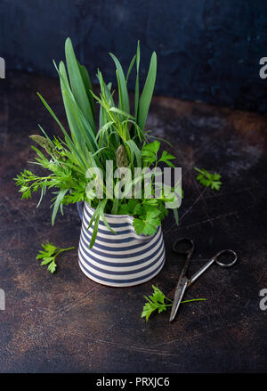 Les herbes fraîches dans un pot en céramique Banque D'Images