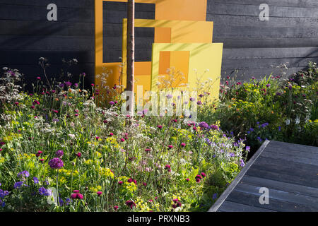 Jardin clôture en bois noir, panneaux en acier peint noir, plate-forme de pont promenade, style prairie plantation d'Allium hollandicum 'Purple Sensation' Banque D'Images