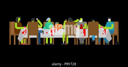 Zombie dîner en famille. Grande table. Famille Halloween célébration. Père et mère. Grand-mère et grand-père. Fête de la famille Illustration de Vecteur